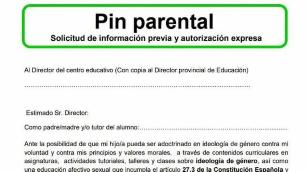 Formulario para autorizar el 'pin parental'.