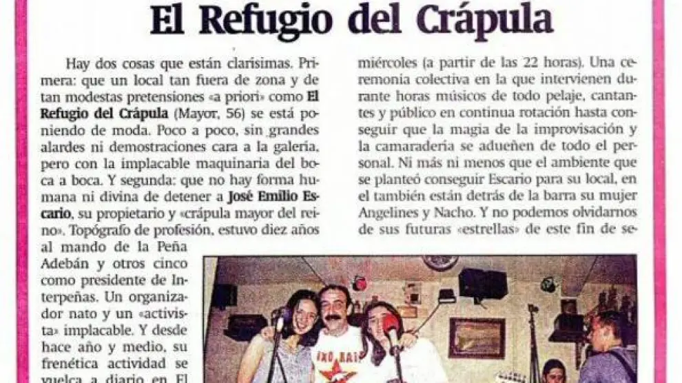 Recorte sobre El Refugio del Crápula en HERALDO, en la década de los 90.