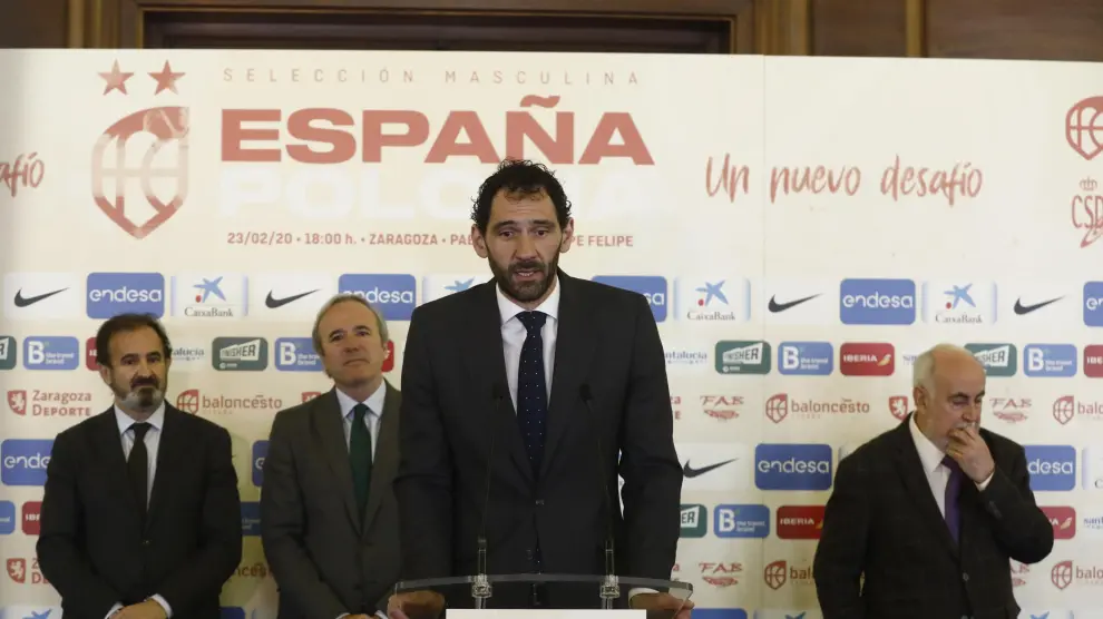 El presidente de la Federación Española de Baloncesto, Jorge Garbajosa, en la presentación del partido de la selección española contra Polonia, que se celebrará el 23 de febrero