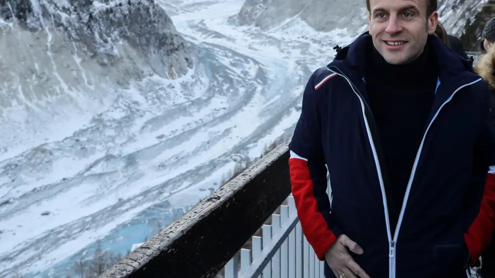El presidente francés, en el glaciar 'Mar de hielo' de Chamonix.
