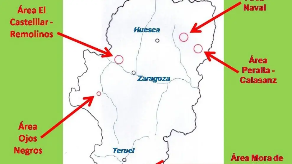 Ubicación de las principales áreas salineras de Aragón (sobre datos de M.L. Torralba (coord.). Gran atlas de Aragón. Aneto, Zaragoza. 1998, p. 91).