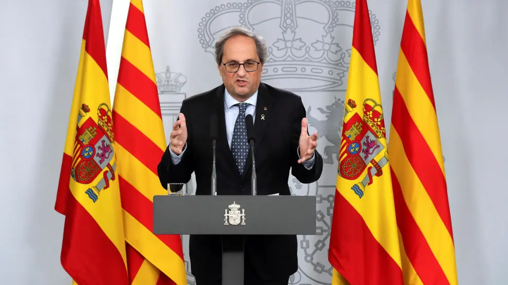 Quim Torra durante la rueda de prensa tras la reunión de la mesa de diálogo bilateral entre el Gobierno y la Generalitat .