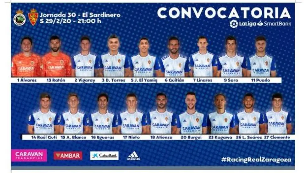 Lista de 18 convocados por Víctor Fernández que viajan este viernes por la tarde a Santander para jugar en la noche del sábado ante el Racing.