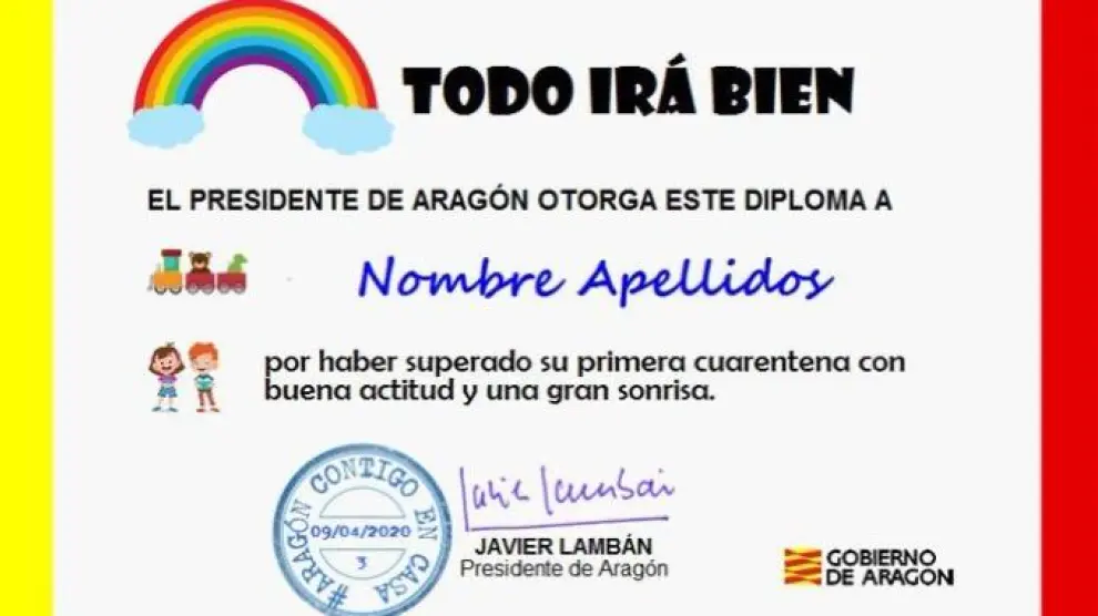 Diploma de Lambán a los niños de Aragón por superar la primera cuarentena con buena actitud.