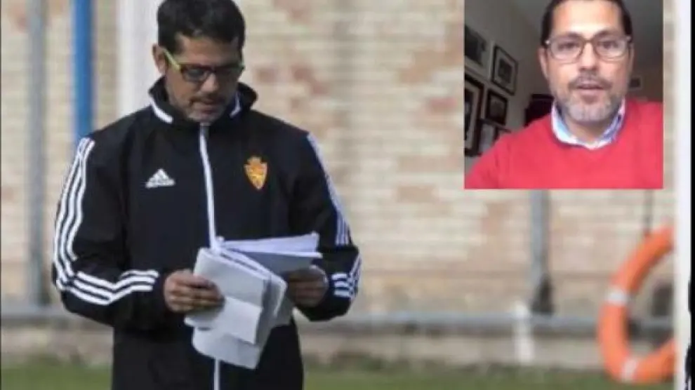 José Luis R. Loreto, en uno de los entrenamientos del Real Zaragoza previos a la suspensión de la liga. En el cuadrado, en su intervención por videollamada para transmitir sus declaraciones a través del club.