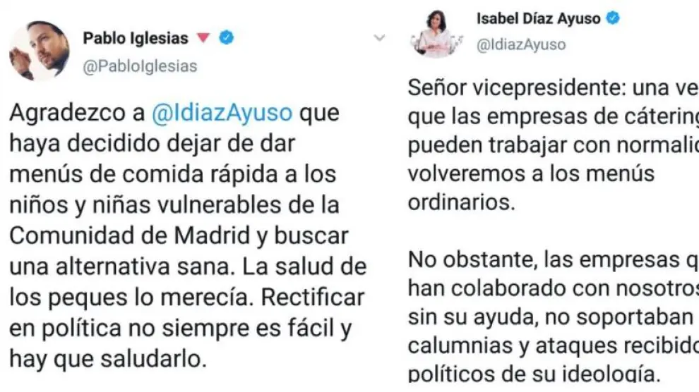 Tuits de Pablo Iglesias y de Isabel Díaz Ayuso