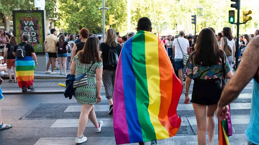 Un grupo de personas acuden a la manifestación del Orgullo Gay el pasado junio en Zaragoza.