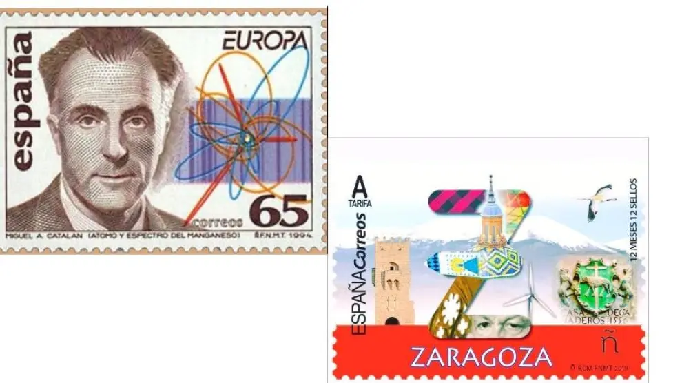 A la izquierda, serie Europa. Descubrimientos (1994). A la derecha, serie 12 meses, 12 sellos (2019).