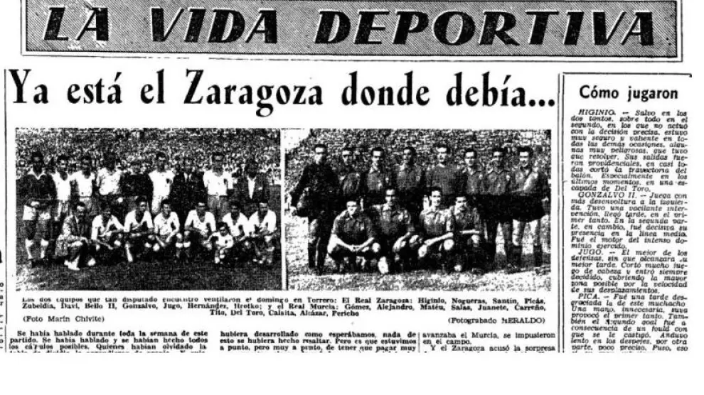 Apertura de la sección de Deportes de HERALDO DE ARAGÓN el martes 10 de julio de 1951. El Real Zaragoza acababa de ascender al ganar 3-2 al Real Murcia en Torrero.