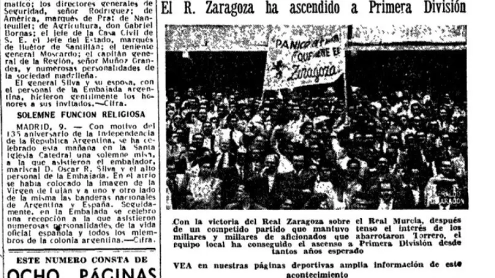 Llamada en portada de HERALDO DE ARAGÓN, el 10 de julio de 1951, del ascenso del Real Zaragoza consumado dos días antes, el domingo 8 de julio, ante el Murcia (entonces no había prensa los lunes).