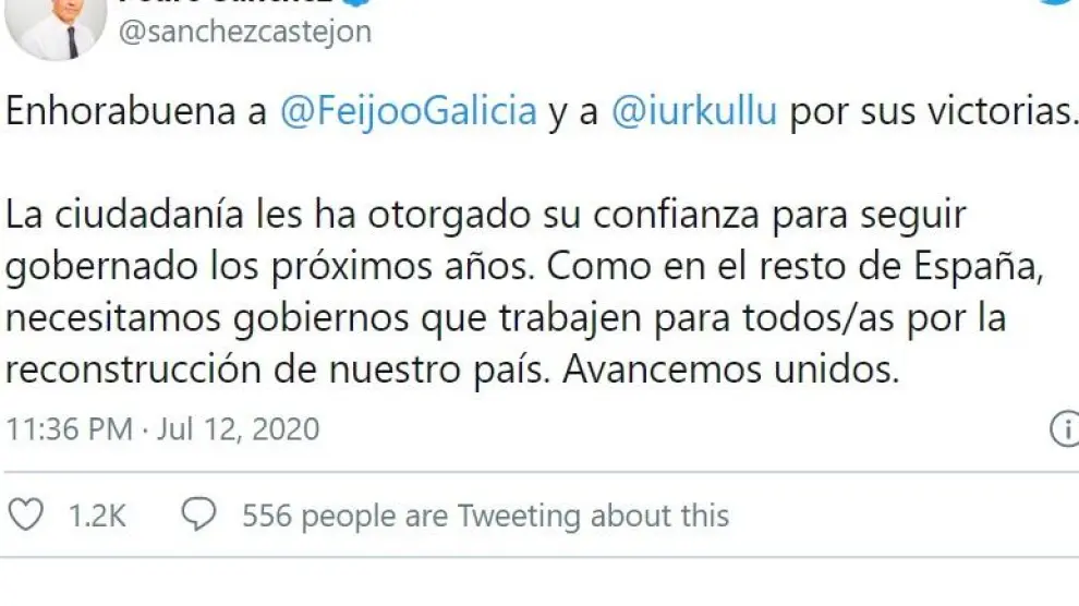 Tuit que Pedro Sánchez ha dedicado a los presidentes.