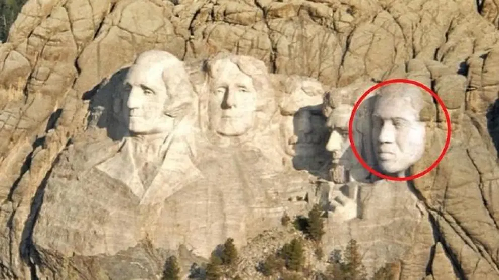 Fotomontaje de la imagen de Kanye West junto a Abraham Lincoln, Theodore Roosevelt, Thomas Jefferson y George Washington