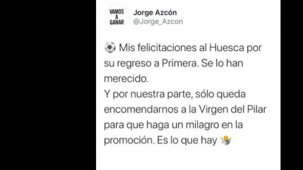Captura de Twitter del tuit del alcalde de Zaragoza, Jorge Azcón.