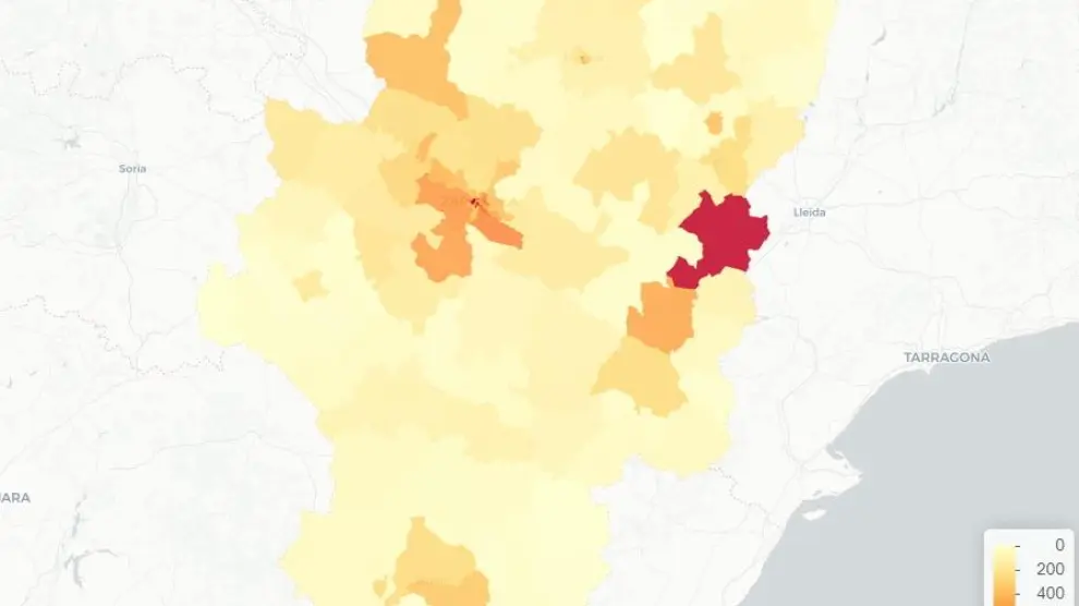 Mapa de Aragón con las zonas con más casos de la covid-19 desde el comienzo de la pandemia