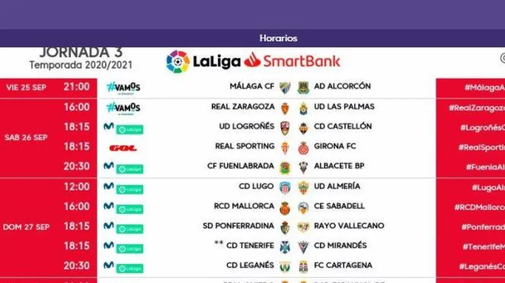 Horarios y fechas de la 3ª jornada de liga de Segunda División.