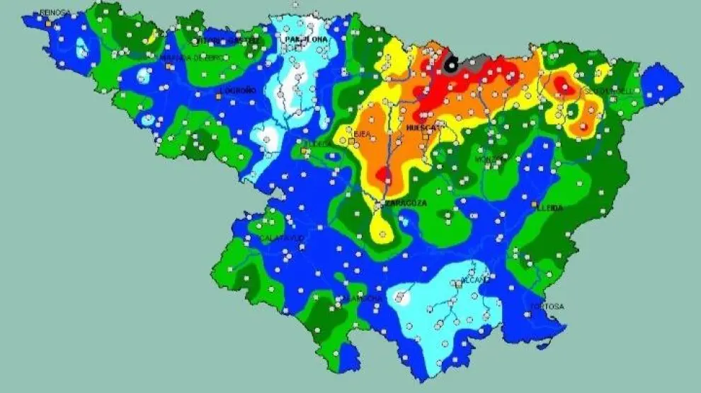 Mapa de los puntos con mayores precipitaciones de la cuenca del Ebro, que han tenido especial incidencia en el Pirineo.
