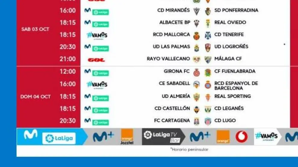 Horas y días de disputa de los 11 partidos de la 4ª jornada de Segunda División, el próximo fin de semana.