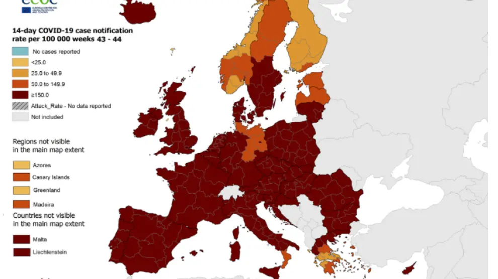 Mapa de riesgo del Centro Europeo para el Control y la Prevención de Enfermedades a fecha del 5 de noviembre