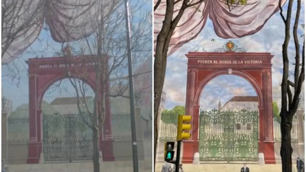 El antes y el después del mural de la Puerta de la Victoria de Zaragoza.