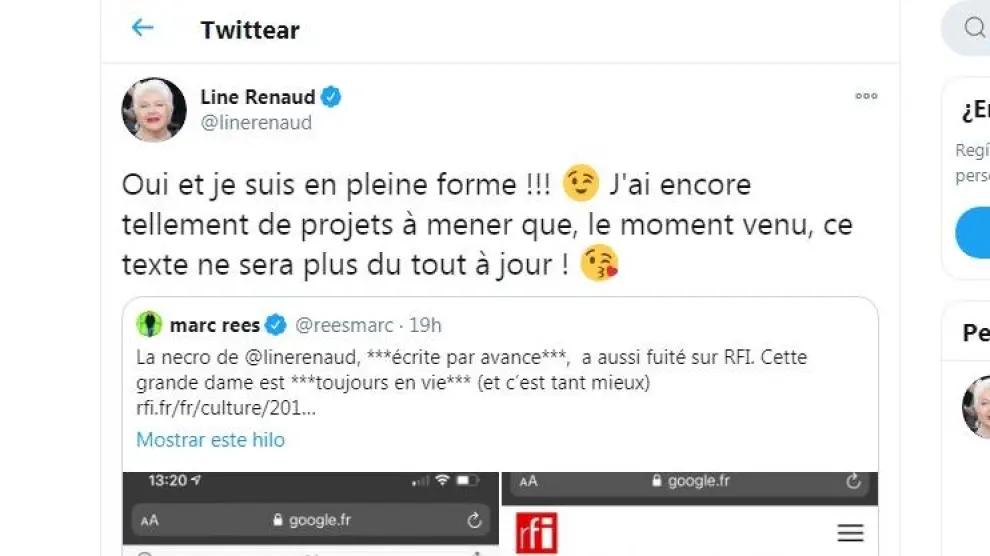 La actriz francesa Line Renaud publicó en tono jocoso este comentario en Twitter.