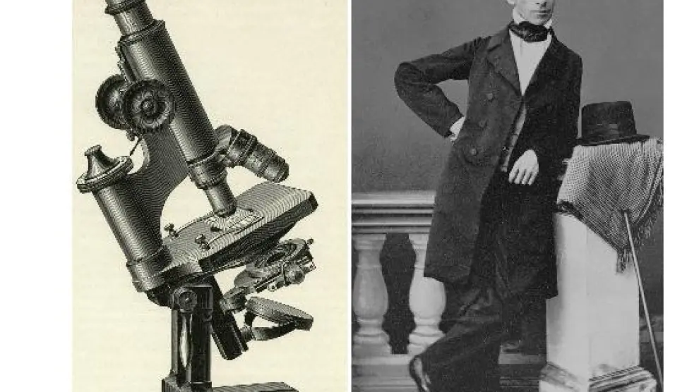 Microscopio compuesto (1891); a la derecha, Carl Zeiss hacia 1850.
