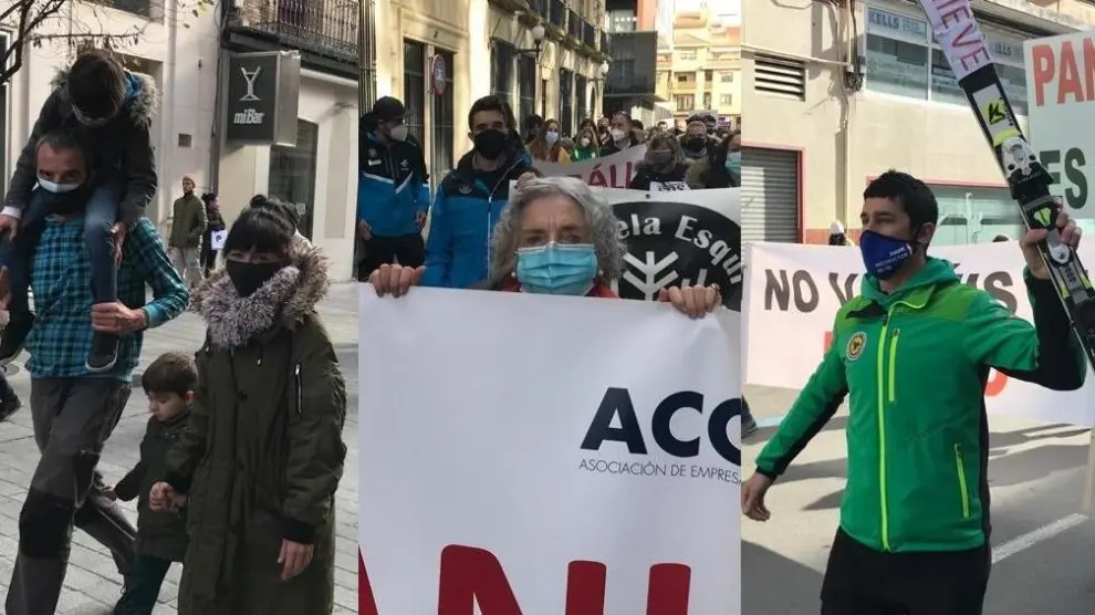 Alfonso Azón, Mertxe Aldanondo y Antonio Armesto, tres de los participantes en la manifestación del sector de la nieve que ha recorrido Huesca este miércoles.
