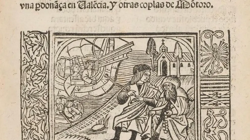 Grabado alusivo a la historia de Juan Poeta en la edición valenciana del 'Cancionero General', siglo XVI.