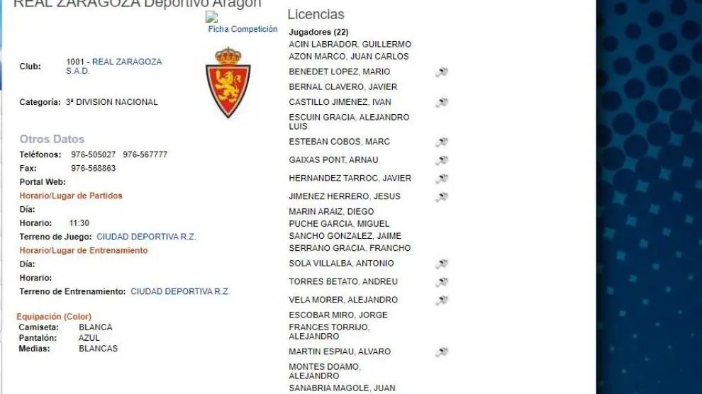 Sanabria, el último en la lista de jugadores del RZD Aragón, filial del Real Zaragoza.