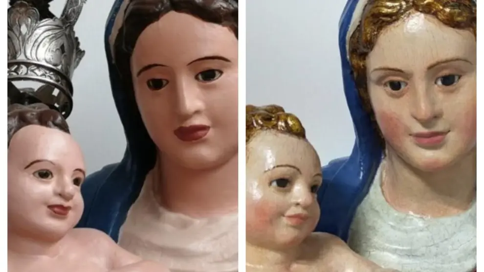 La imagen de la Virgen de la Paz, antes y después de ser restaurada.