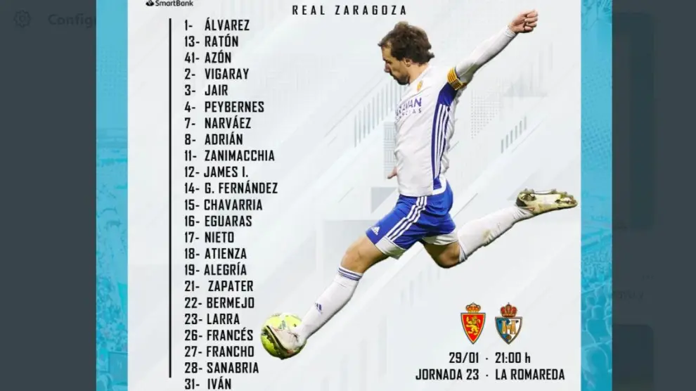 Convocatoria del Real Zaragoza para jugar ante la Ponferradina. Vuckic, el '9', no está.