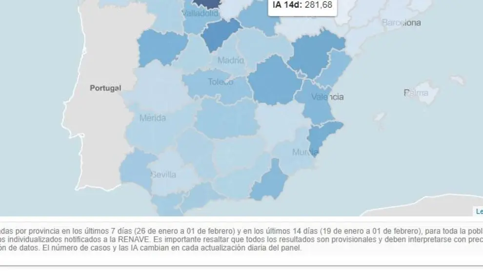 Mapa de la incidencia acumulada por provincias en España a 2 de febrero de 2021.