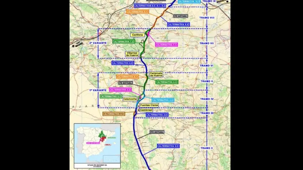 El trazado de tren Teruel-Zaragoza es compatible con velocidades de circulación de hasta 250 Km/h.