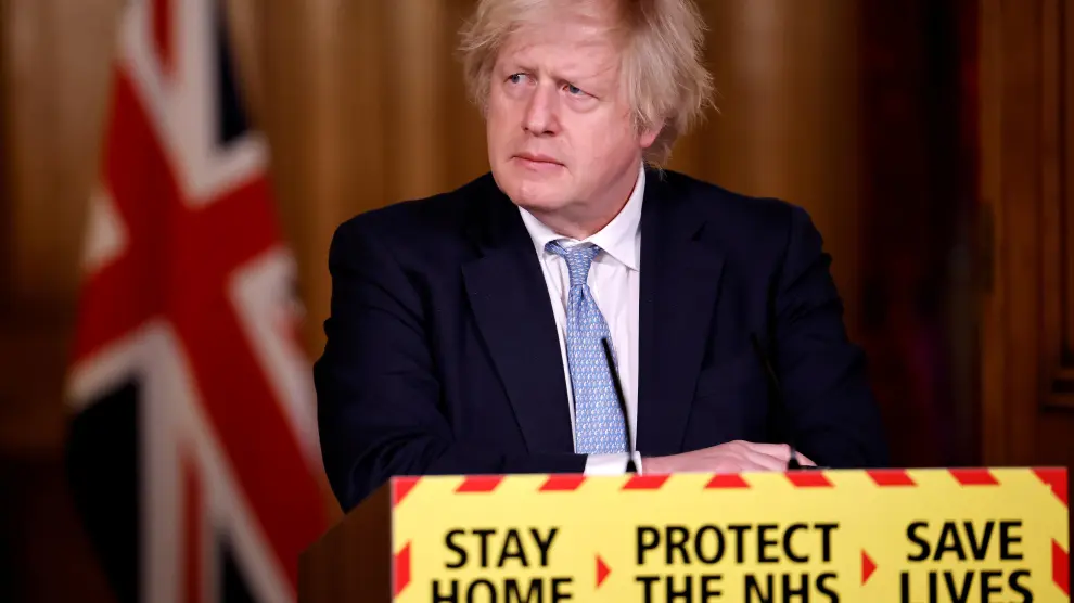 Britain's Prime Minister Boris Johnson gives an update on the COVID-19 pandemic during a virtual news conference, in London