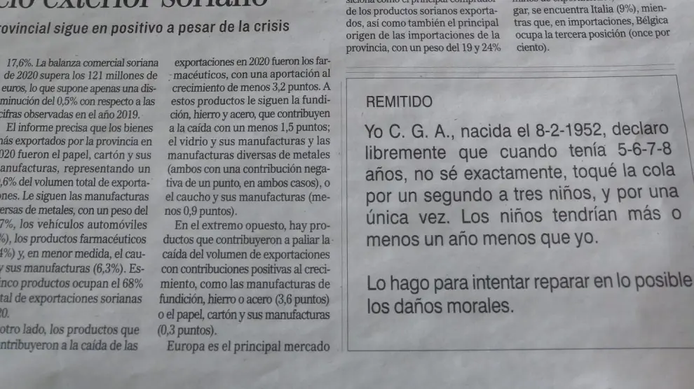 Página con el anuncio publicado en Heraldo-Diario de Soria
