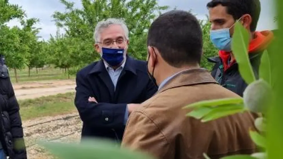 El consejero de Agricultura con jóvenes agricultores de la localidad zaragozana de Fayón.
