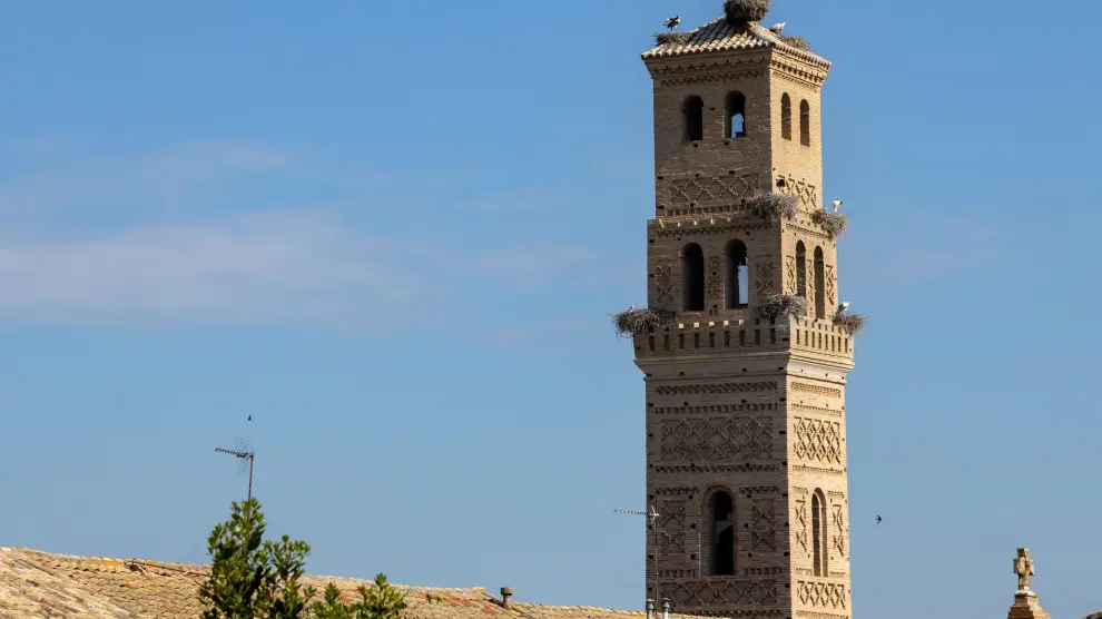 Estado actual de la torre de la iglesia de Peñaflor, donde se ubican nueve nidos de cigüeñas.