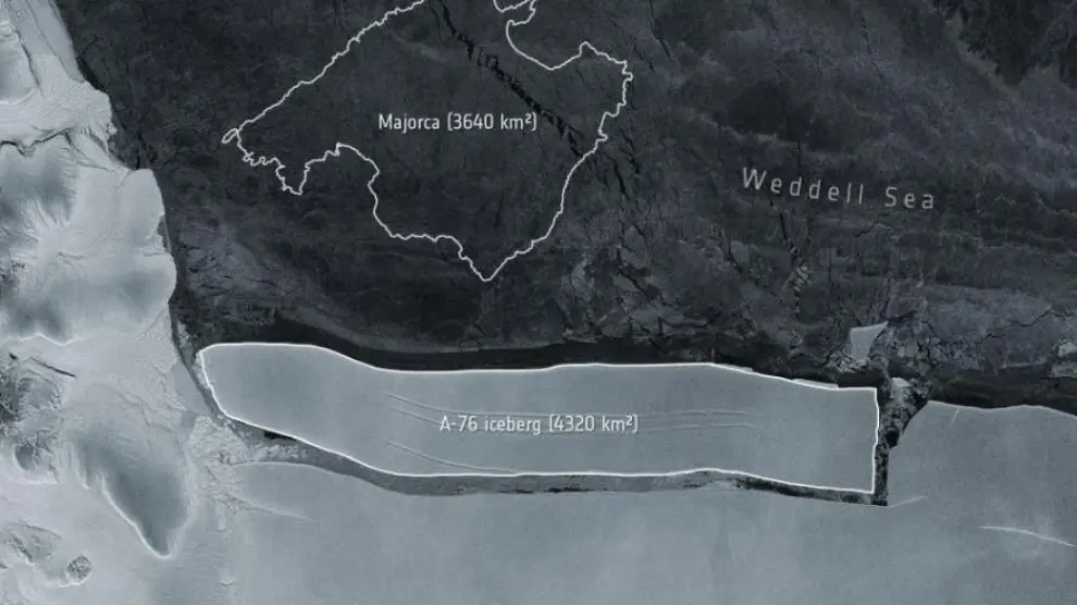 El iceberg, abajo en la imagen, comparado con la superficie de la isla de Mallorca, arriba.
