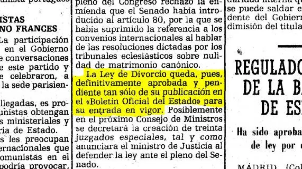Recorte de la noticia de HERALDO de la aprobación de la ley del divorcio, el 22 de junio de 1981.
