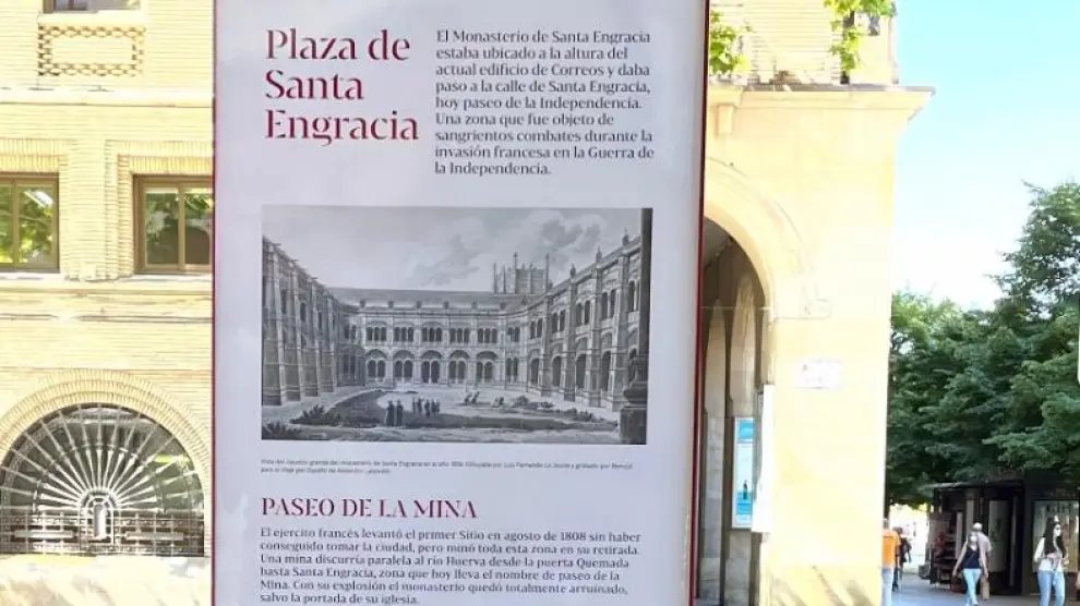Panel informativo de Los Sitios en la plaza de Santa Engracia de Zaragoza.