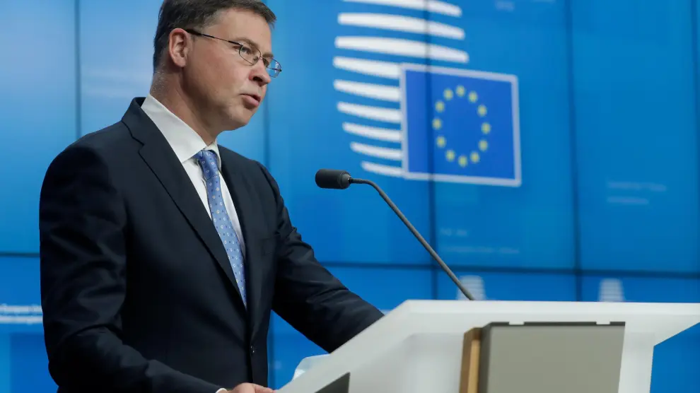 El vicepresidente de la Comisión Europea, Valdis Dombrovskis, tras la última reunión del Ecofin.