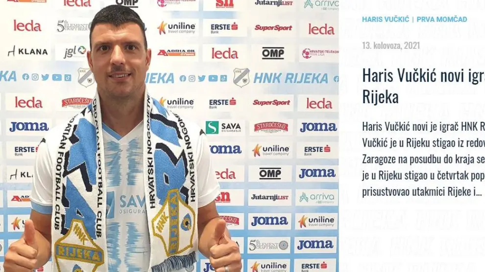 Vuckic, en la página web del Rijeka tras anunciarse su contratación por el club croata y su adiós al Real Zaragoza.