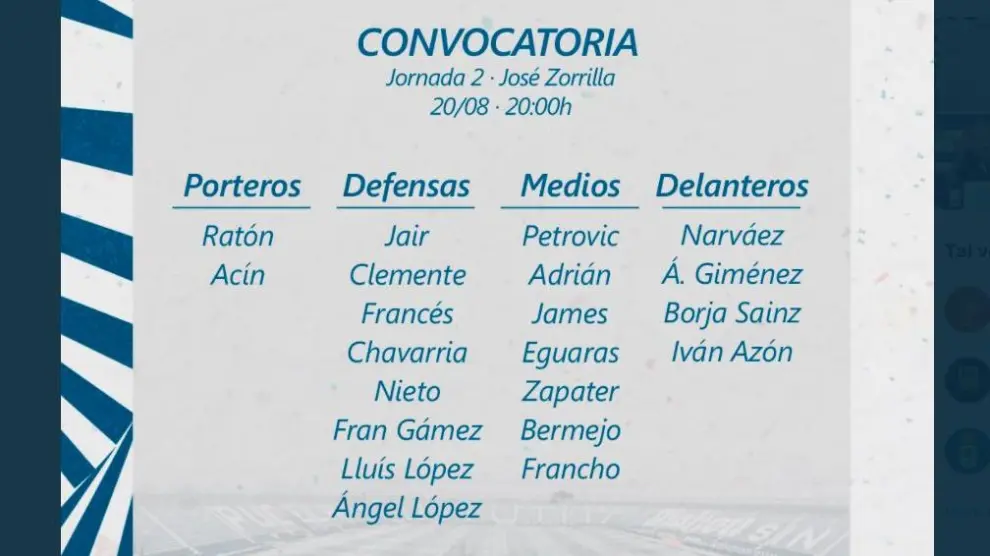 Lista de 21 convocados del Real Zaragoza que viaja en la tarde de este jueves hacia Valladolid.