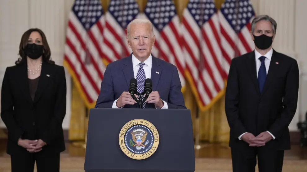 Biden da explicaciones sobre Afganistán, este viernes, en presencia de la vicepresidenta Kamala Harris y el secretario de Estado Antony Blinken