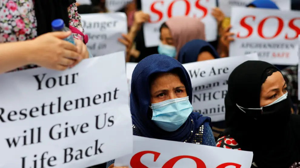 Manifestación de refugiados afganos en Yakarta, Indonesia.