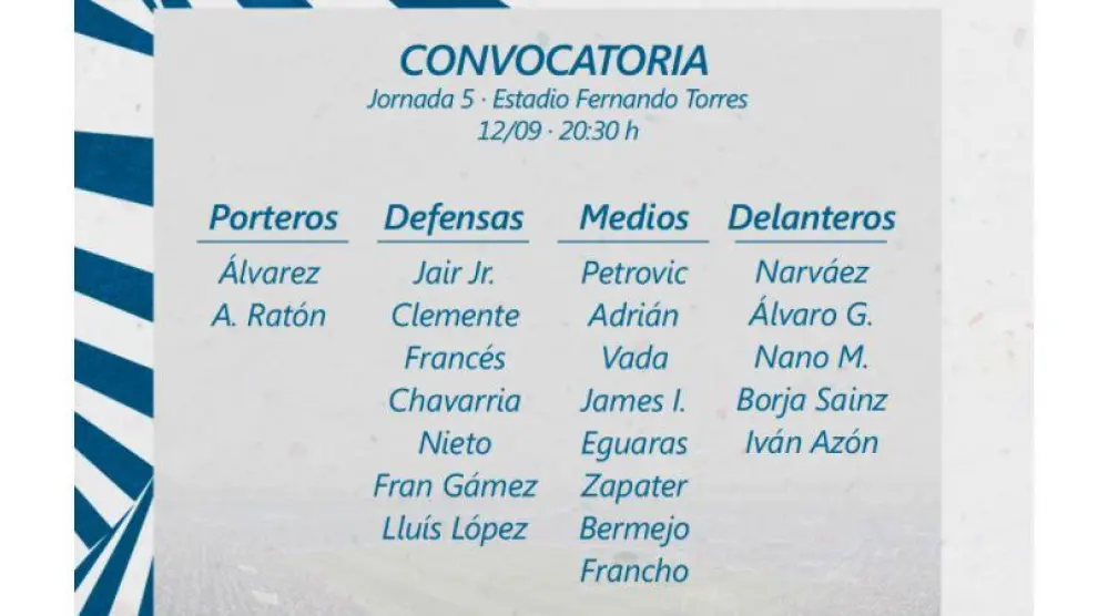 Lista de 22 convocados del Real Zaragoza para el partido de Fuenlabrada.