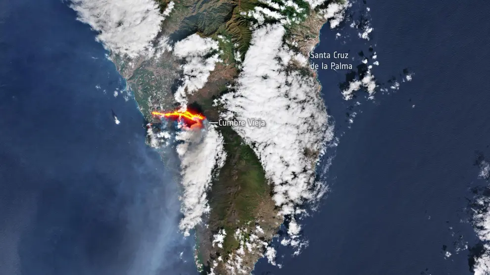 Imagen del volcán de la Palma desde el espacio, tomada por la Agencia espacial Europea