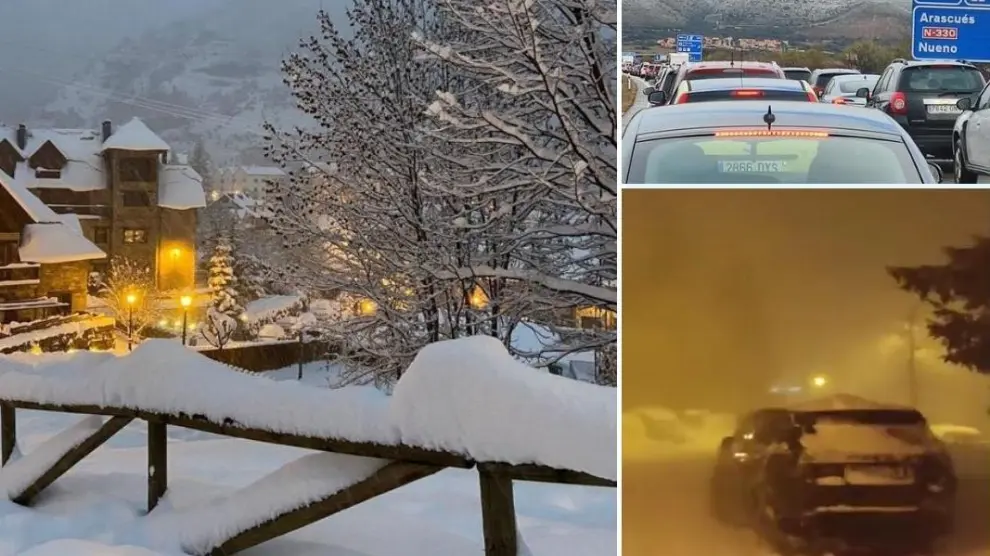 Una tormenta de viento en Formigal, atascos kilométricos y otras espectaculares imágenes que nos deja el puente en el Pirineo