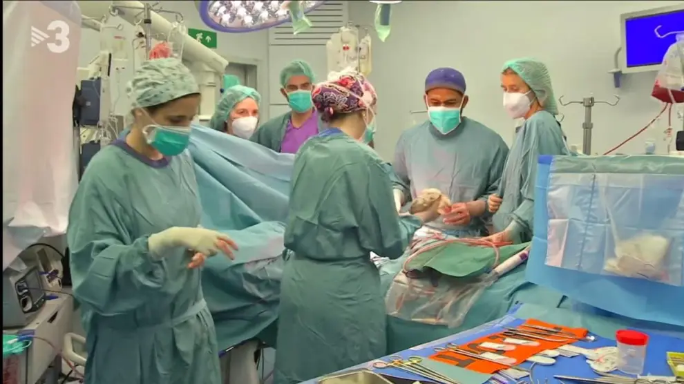 Irene Pastor, primera por la derecha, durante el trasplante a un paciente post-covid en el Vall d'Hebrón.