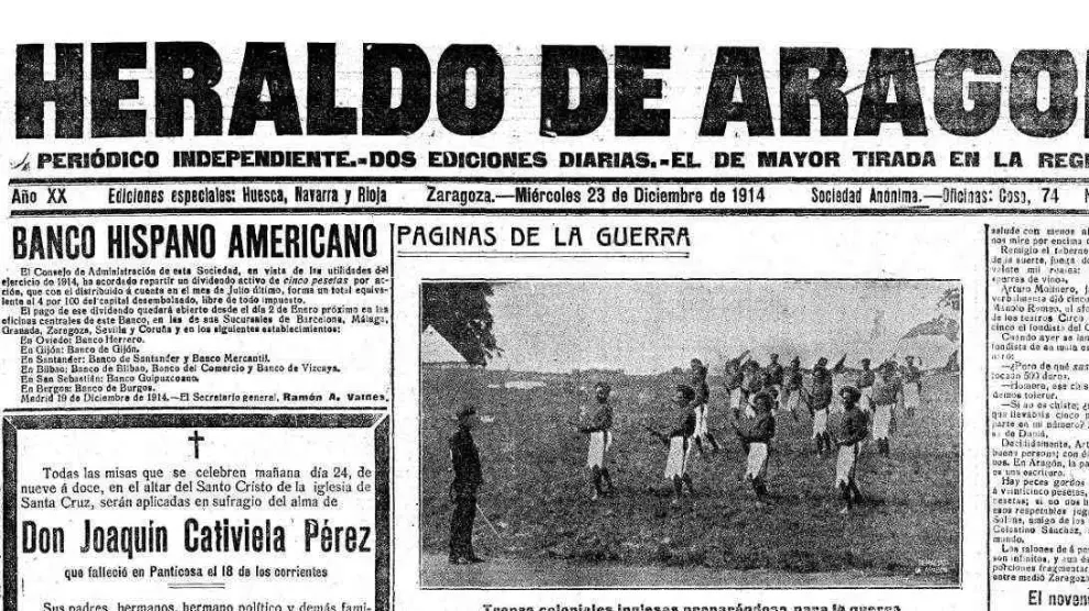 Portada de HERALDO DE ARAGÓN del día 23 de diciembre de 1914 donde salió publicada la noticia