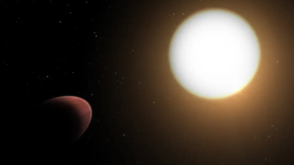 Ilustración del planeta WASP-103b deformado por las potentes fuerzas de marea de su estrella anfitriona.